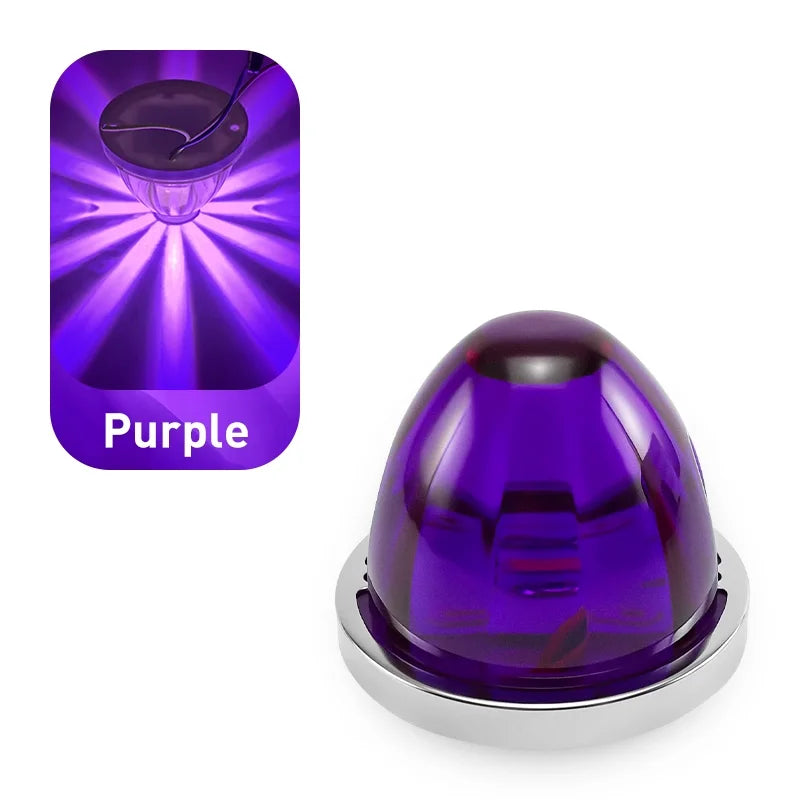 Purple durable LED side marker lights for vehicles shown in a packaging graphic and product view.