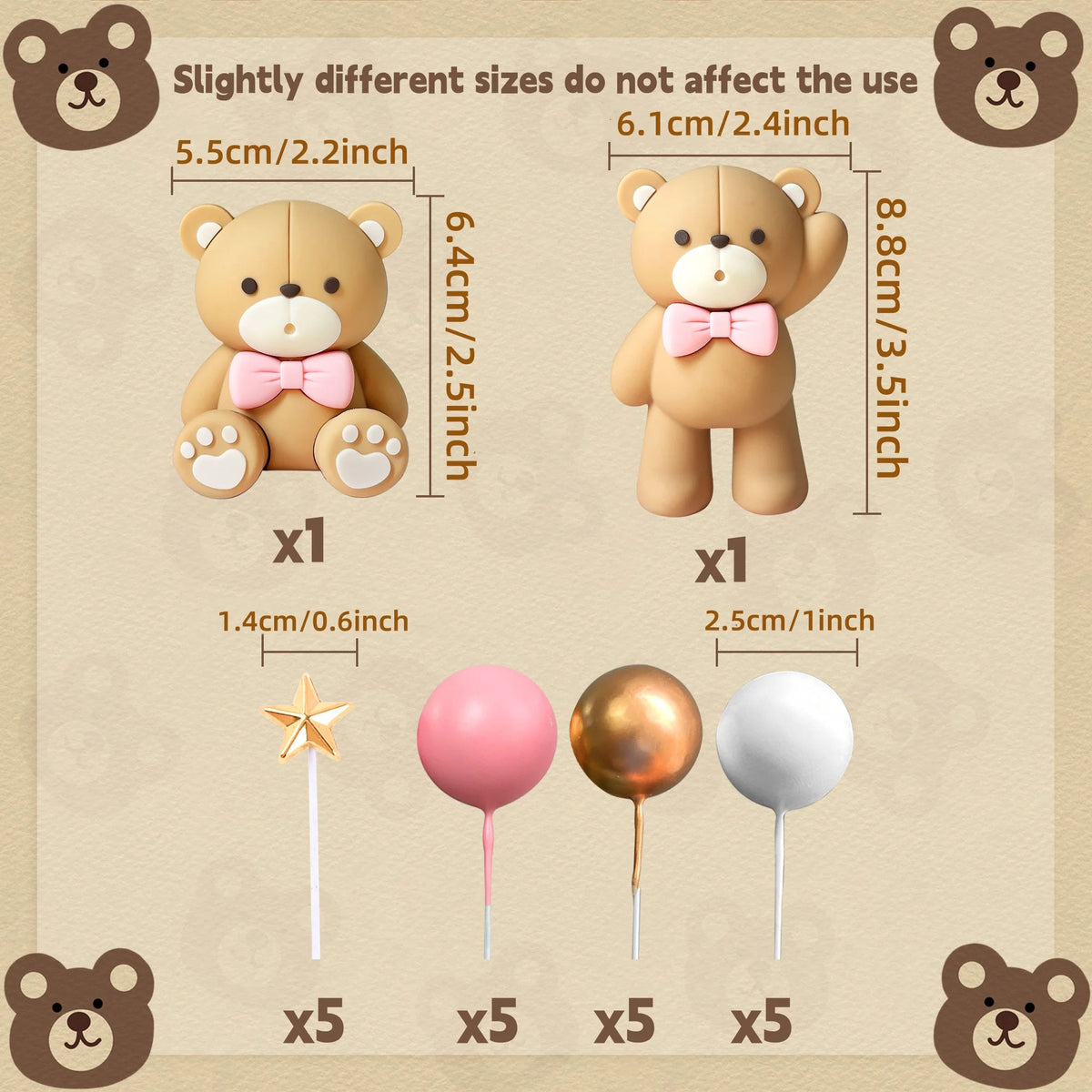 A set of bear-themed cake toppers including teddy bears and round balls in various sizes.