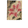 A wall tapestry featuring pink lily flowers and dark foliage on a beige background.