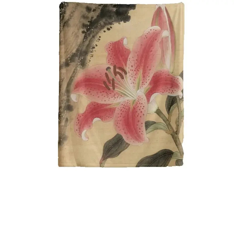 A wall tapestry featuring pink lily flowers and dark foliage on a beige background.