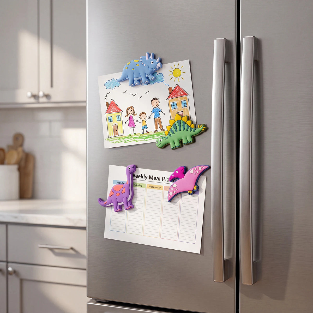 A refrigerator door features a display of colorful dinosaur magnets and a weekly meal plan chart.