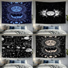 A set of four dark celestial banner prints featuring sun and moon astrology designs for bedroom decor