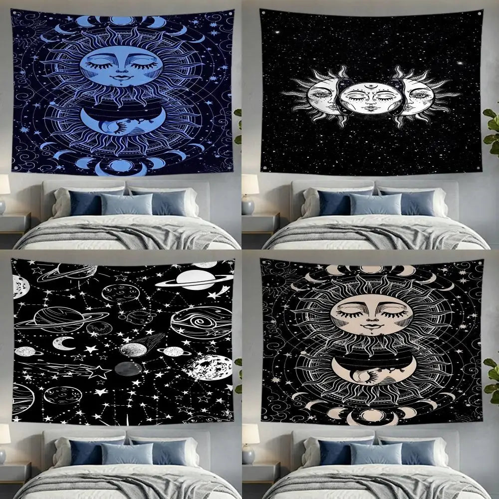 A set of four dark celestial banner prints featuring sun and moon astrology designs for bedroom decor