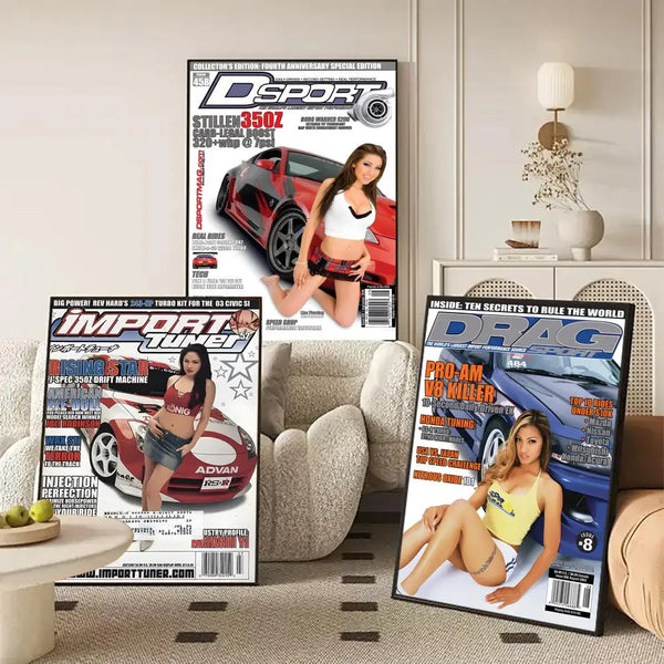 A collection of racing posters featuring JDM cars and drag racing themes.