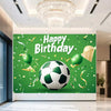 A green backdrop for a birthday celebration featuring a soccer ball and gold trophies with the text Happy Birthday