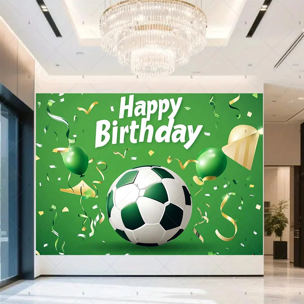 A green backdrop for a birthday celebration featuring a soccer ball and gold trophies with the text Happy Birthday