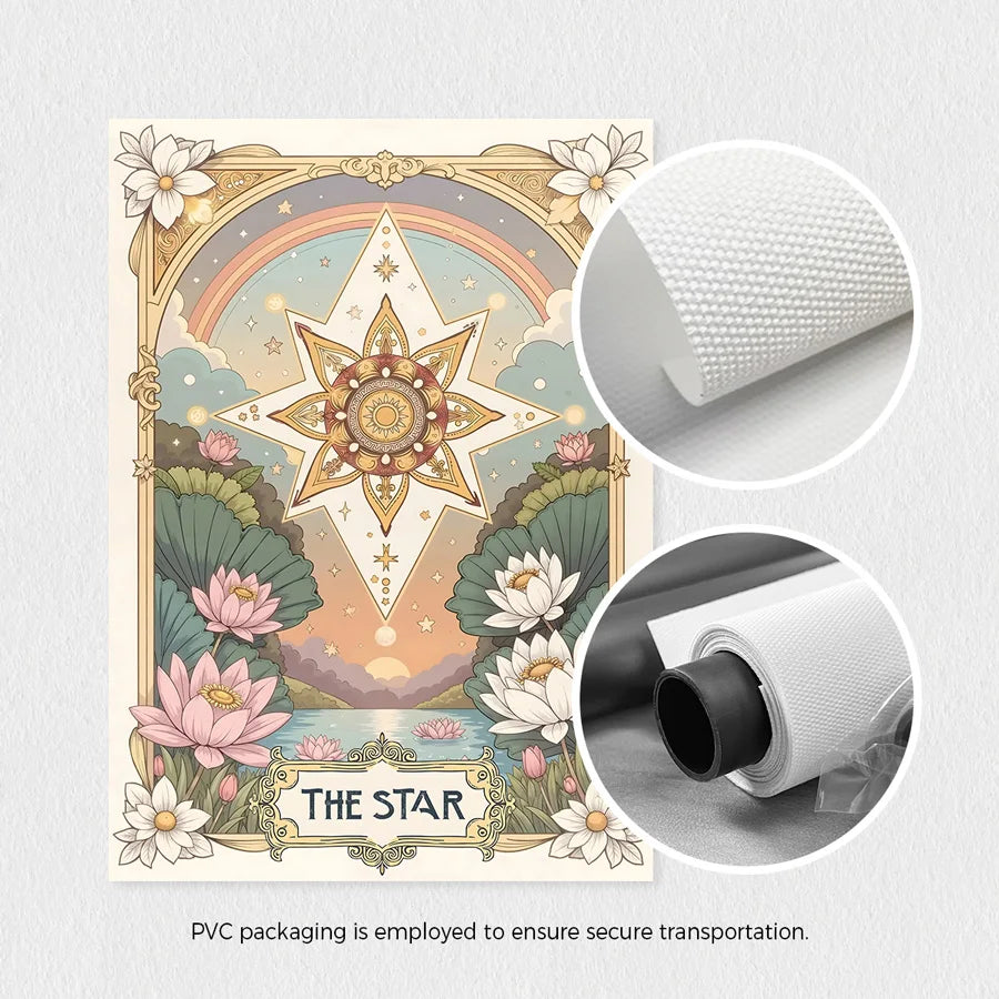A rectangular card featuring a celestial star design surrounded by floral elements, packaged in white PVC.