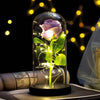 An eternal rose LED light simulation flower is displayed in a glass tube with glowing wires against a dark background.
