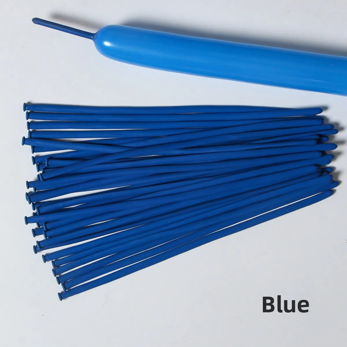 A collection of blue latex strip balloons and a blue balloon stick are displayed on a white background.