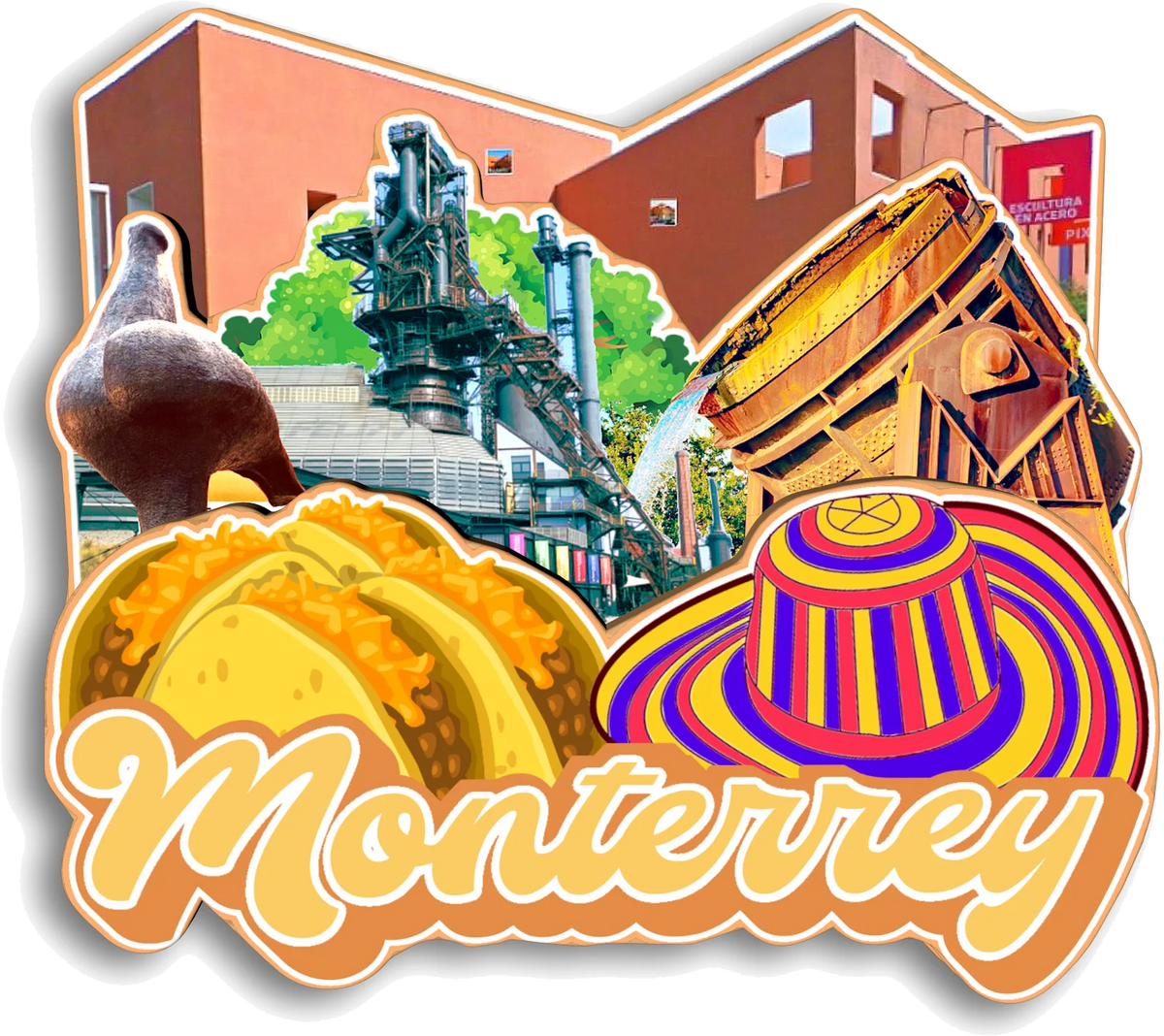 A colorful souvenir featuring a wooden refrigerator magnet collection and a large taco design for Monterrey.