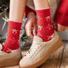 A close-up of women's Christmas socks featuring reindeer and tree patterns being worn on feet.