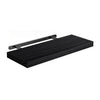 A dark stained wooden floating wall shelf with a metal mounting bracket.