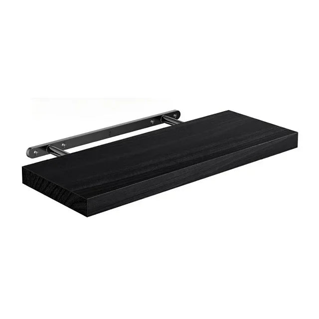 A dark stained wooden floating wall shelf with a metal mounting bracket.