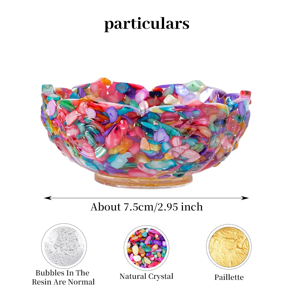 A colorful resin lotus bowl filled with iridescent bubbles, natural crystals, and paillette for meditation and home decor.