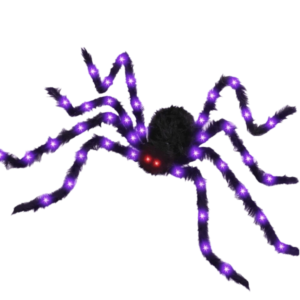 An LED light-up furry Halloween spider decoration with purple glow.