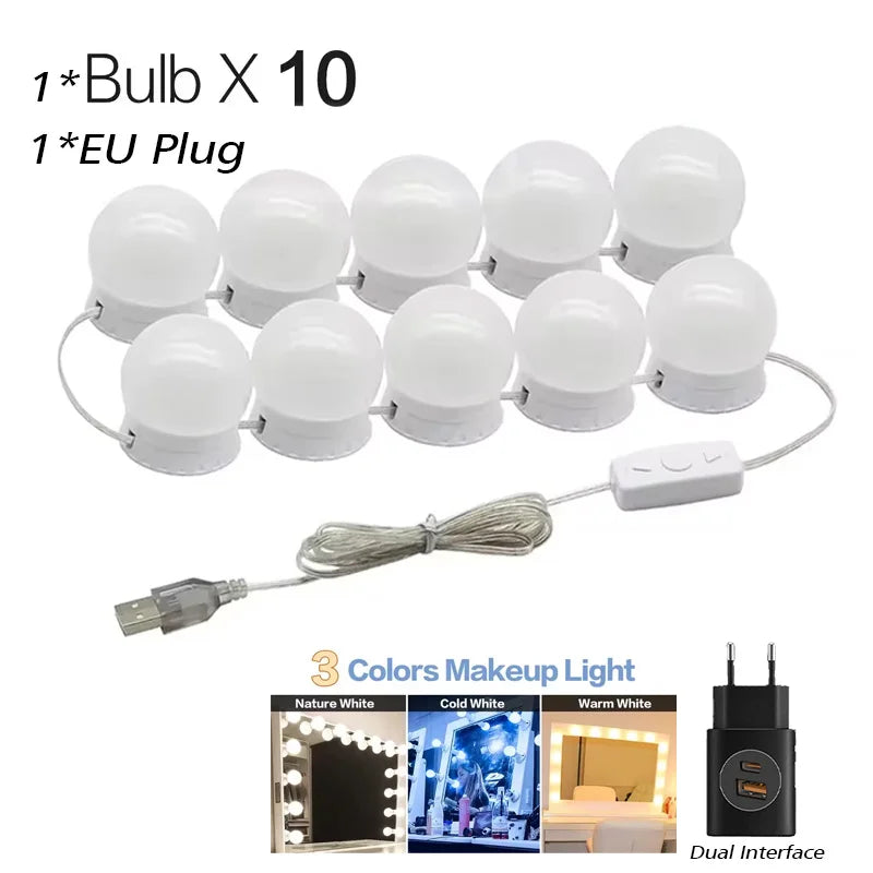 Ten white LED bulbs with EU plugs and a dual interface for makeup light