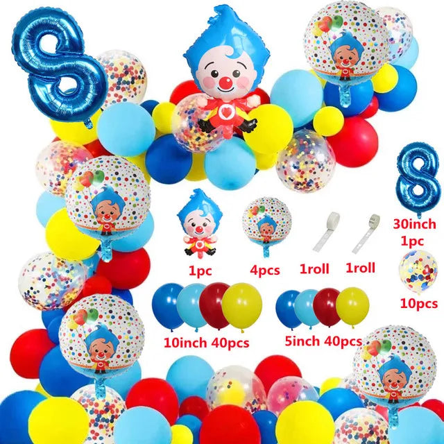 A colorful party balloon set featuring cartoon clown designs in various colors and sizes.