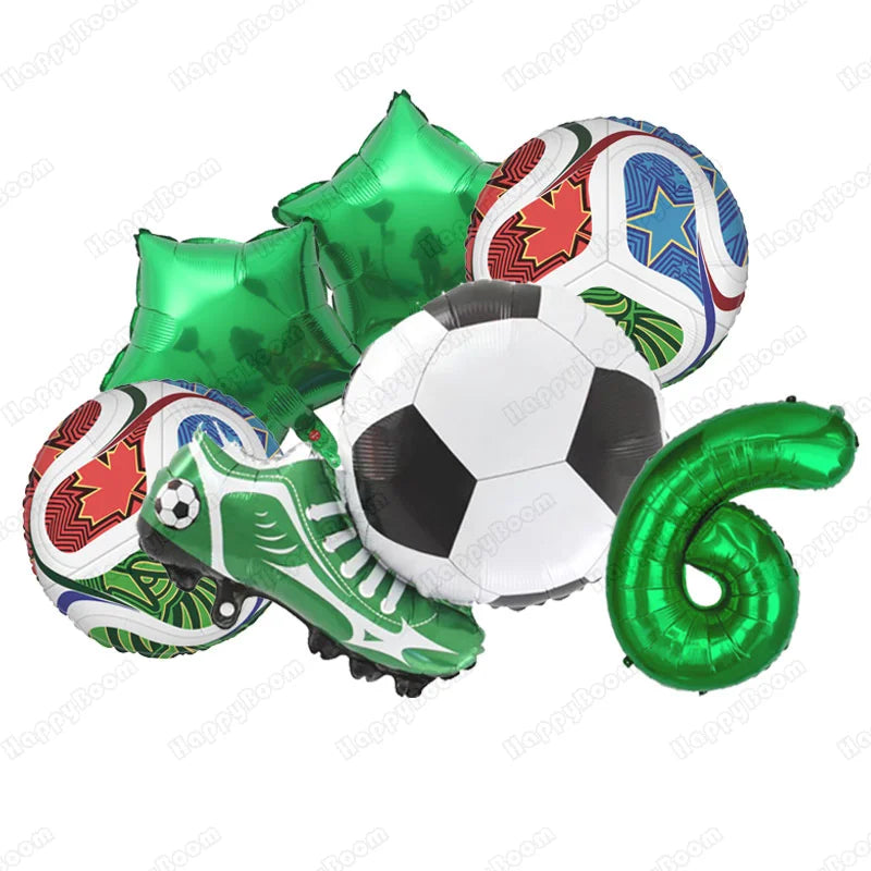 A set of six green and white soccer-themed balloons, including a soccer ball and cleats.