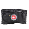 Black inflatable lumbar support belt with a red cross emblem