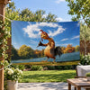 A tapestry featuring a vibrant movie-inspired depiction of a rooster standing in a grassy field with trees and a blue sky.