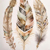 A set of three watercolor feathers featuring earthy tones and delicate details, suitable for canvas wall art.