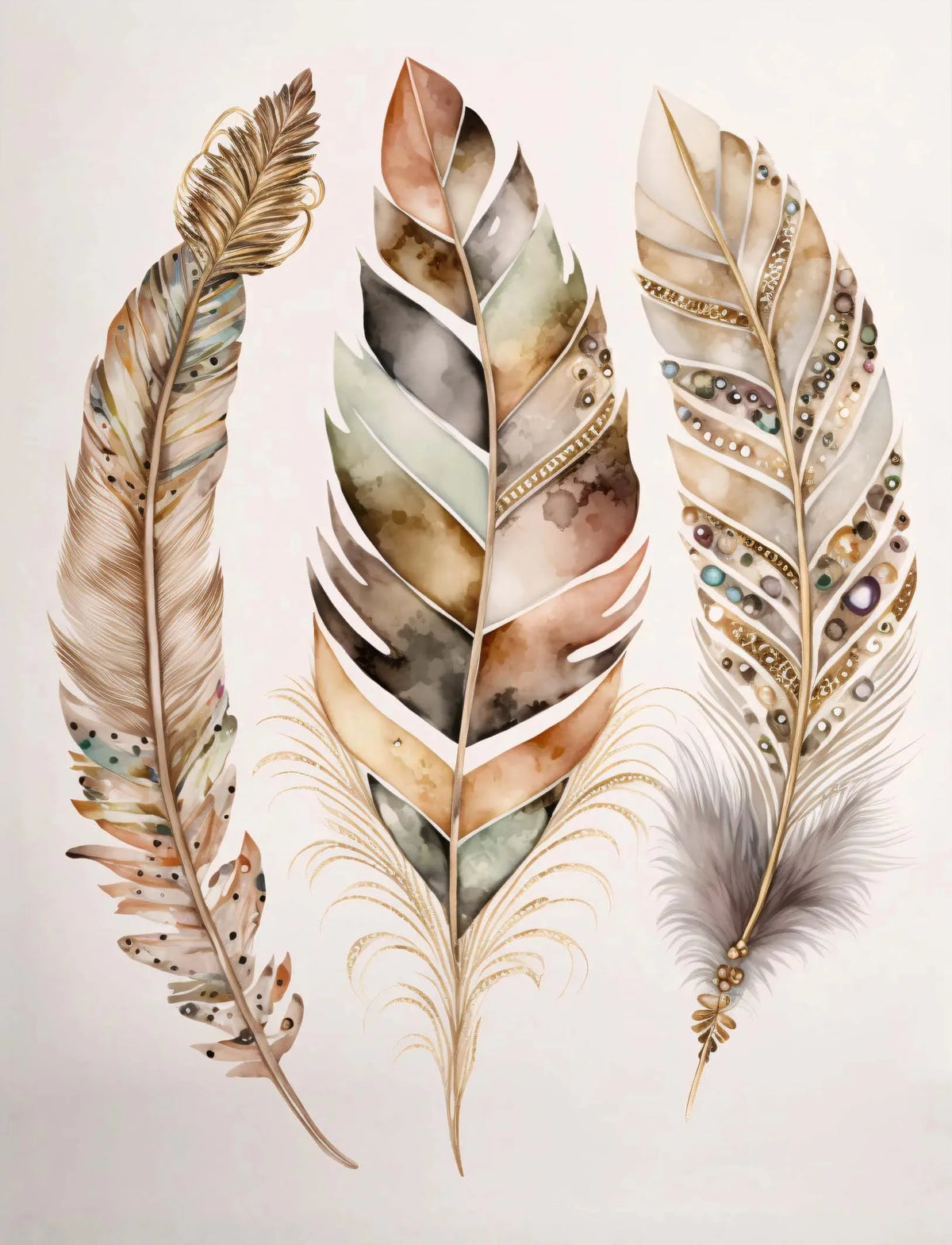 A set of three watercolor feathers featuring earthy tones and delicate details, suitable for canvas wall art.