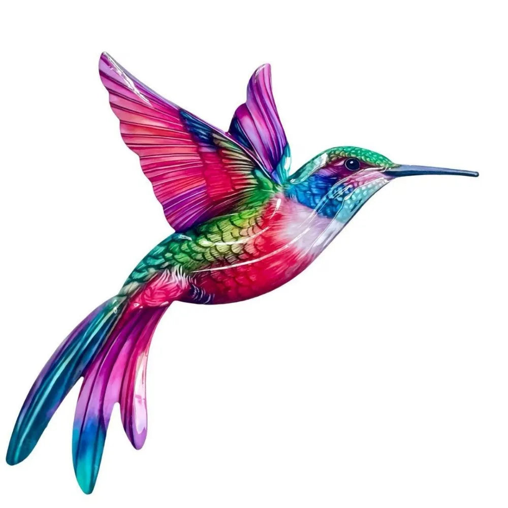Vibrant iridescent hummingbird wall art featuring pink, green, and blue feathers.