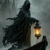 A figure in a dark hooded cloak stands in a small boat on choppy water under a misty, gray sky.