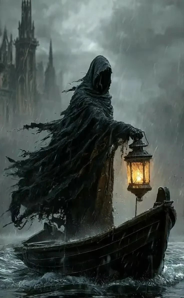 A figure in a dark hooded cloak stands in a small boat on choppy water under a misty, gray sky.