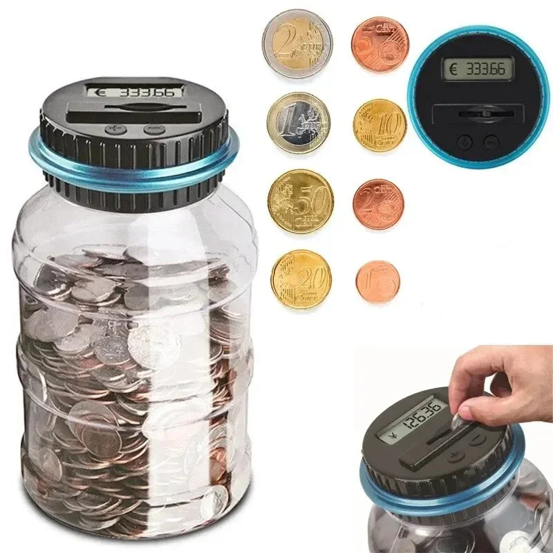 A clear jar filled with coins and a digital coin counting piggy bank with an LCD display and coin slots.
