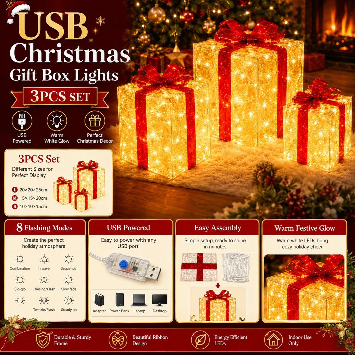 A set of three glowing LED gift box lights in red and gold wrapping, displayed on a festive background.