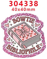 Pink glitter acrylic charms measuring 3043338, 40x40mm, featuring a book and bibliophile design.