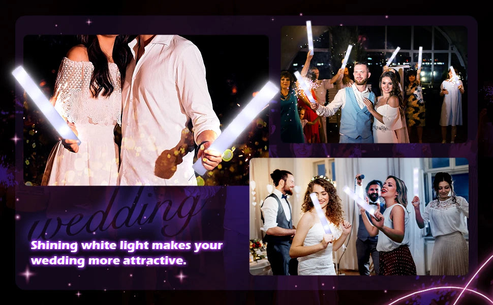 A collage showing people using glowing white LED foam glow sticks in a wedding setting.