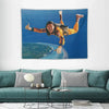 A vibrant tapestry featuring a man with long hair and yellow clothing making a thumbs-up gesture against a blue ocean backgro