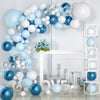 A white and blue balloon garland arch display featuring various sized balloons and a white frame.