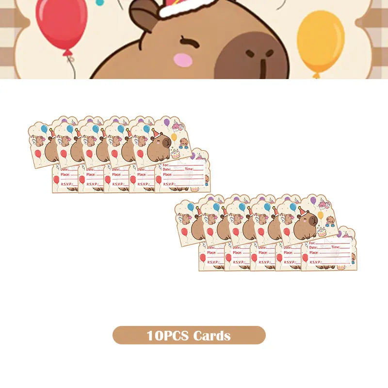 A set of 10 cards featuring capybara characters for a birthday party decoration kit.