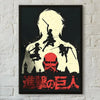 A dark poster featuring a silhouette of a character with a sword against a light background and red text.