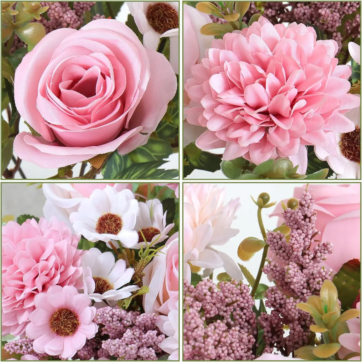 A close-up of an artificial silk rose and daisy bouquet featuring shades of pink, white, and mauve.