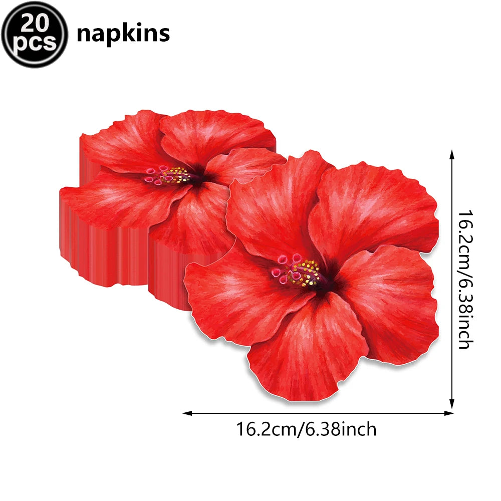 A set of twenty red hibiscus flower napkins for a luau party.