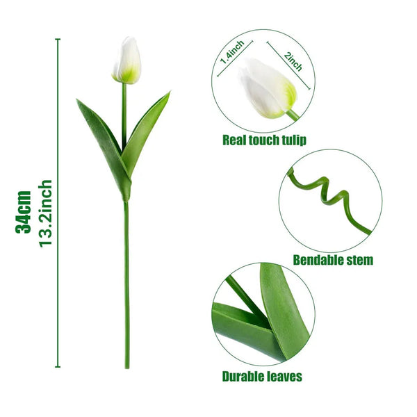 A realistic artificial white tulip with a bendable stem and durable green leaves.