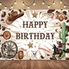 A rustic Wild West cowboy birthday backdrop featuring a farm scene with a wooden hat, cactus, and decorative elements.