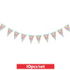 A string of colorful triangular pennants used for party decorations.