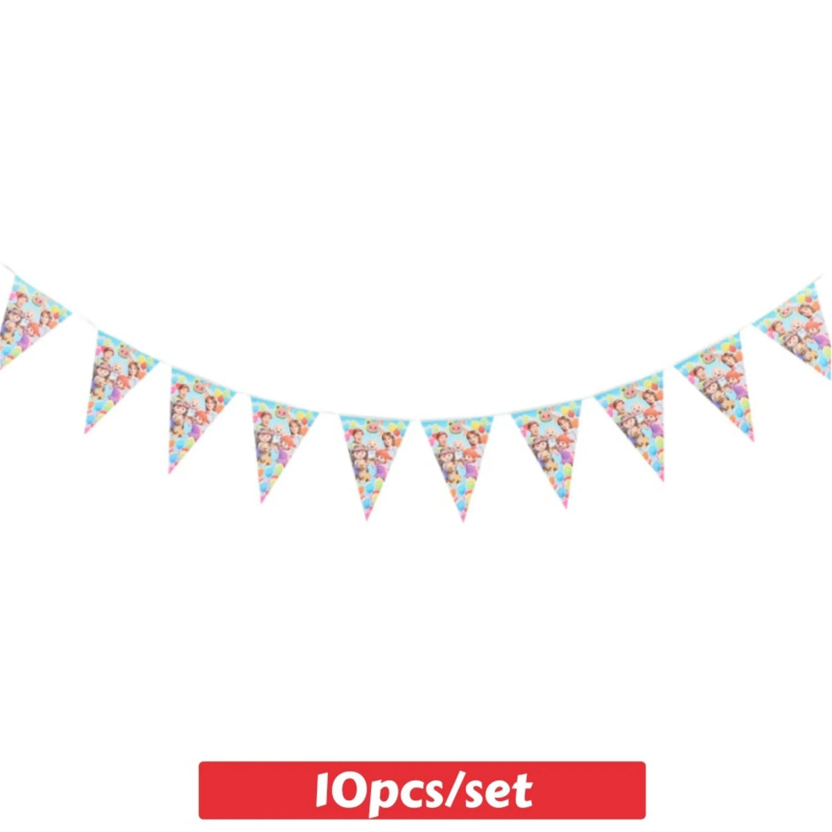 A string of colorful triangular pennants used for party decorations.