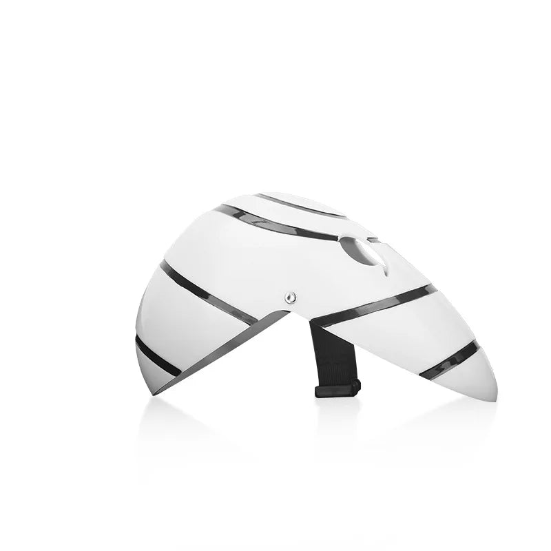 A white ninja mask with black accents is displayed on a reflective surface.