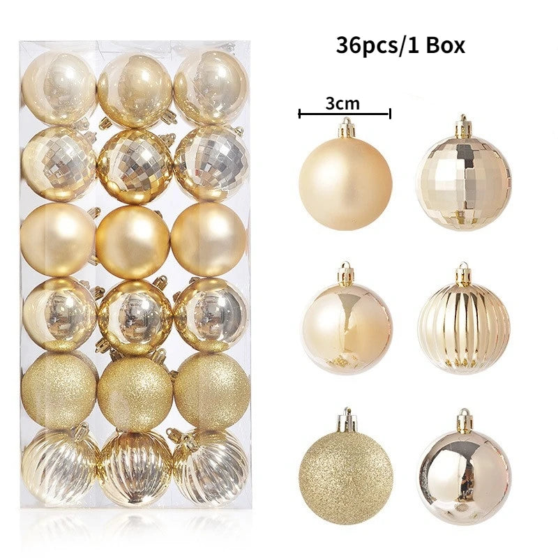 A box containing 36 gold and silver Christmas tree ornament balls, some of which are displayed individually.