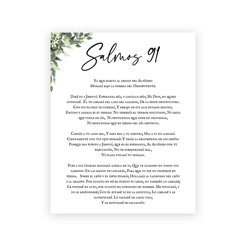 A modern scripture print featuring Psalm 91 text on a white canvas background.