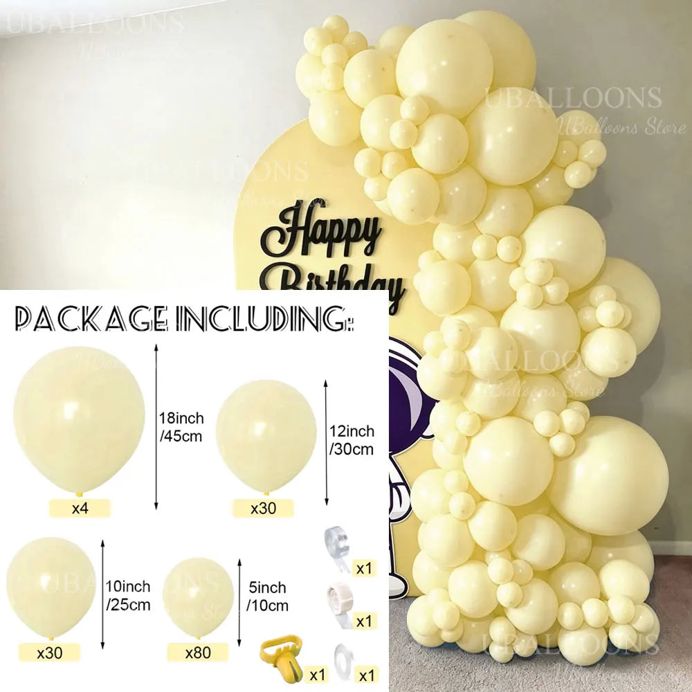 A package of pastel yellow balloons including various sizes and accessories for a balloon arch kit