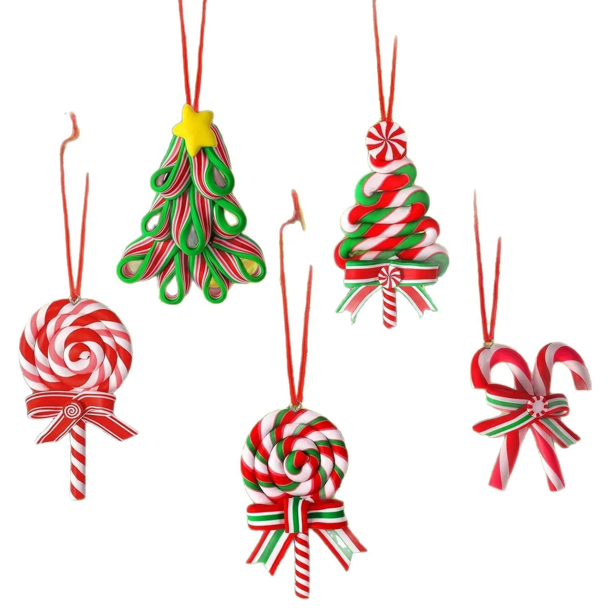 A set of sixteen wooden candy cane Christmas ornaments hanging by strings.