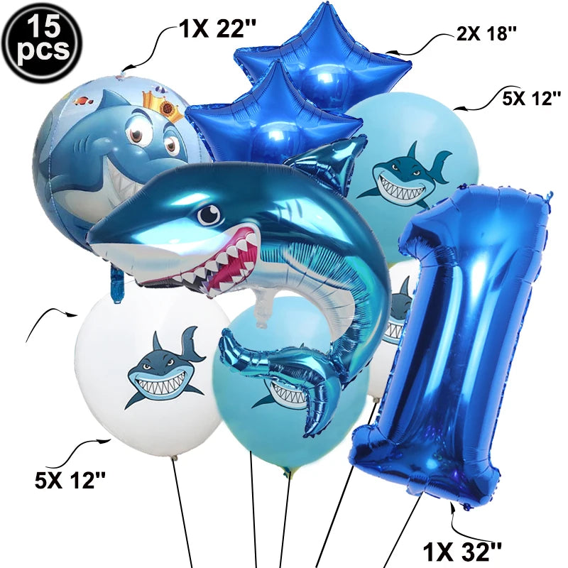 A collection of blue shark foil balloons in various sizes, including 15 pieces and a 32 inch balloon.