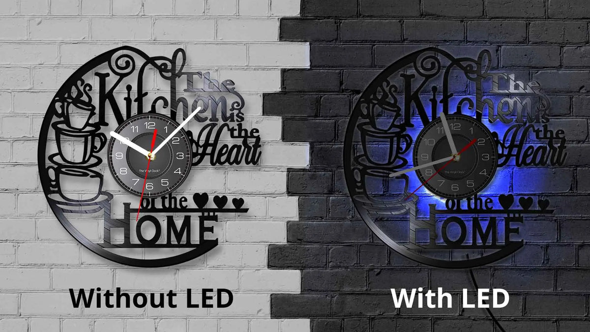 A comparison of a vintage vinyl record wall clock without LED and with LED versions mounted on a brick wall.